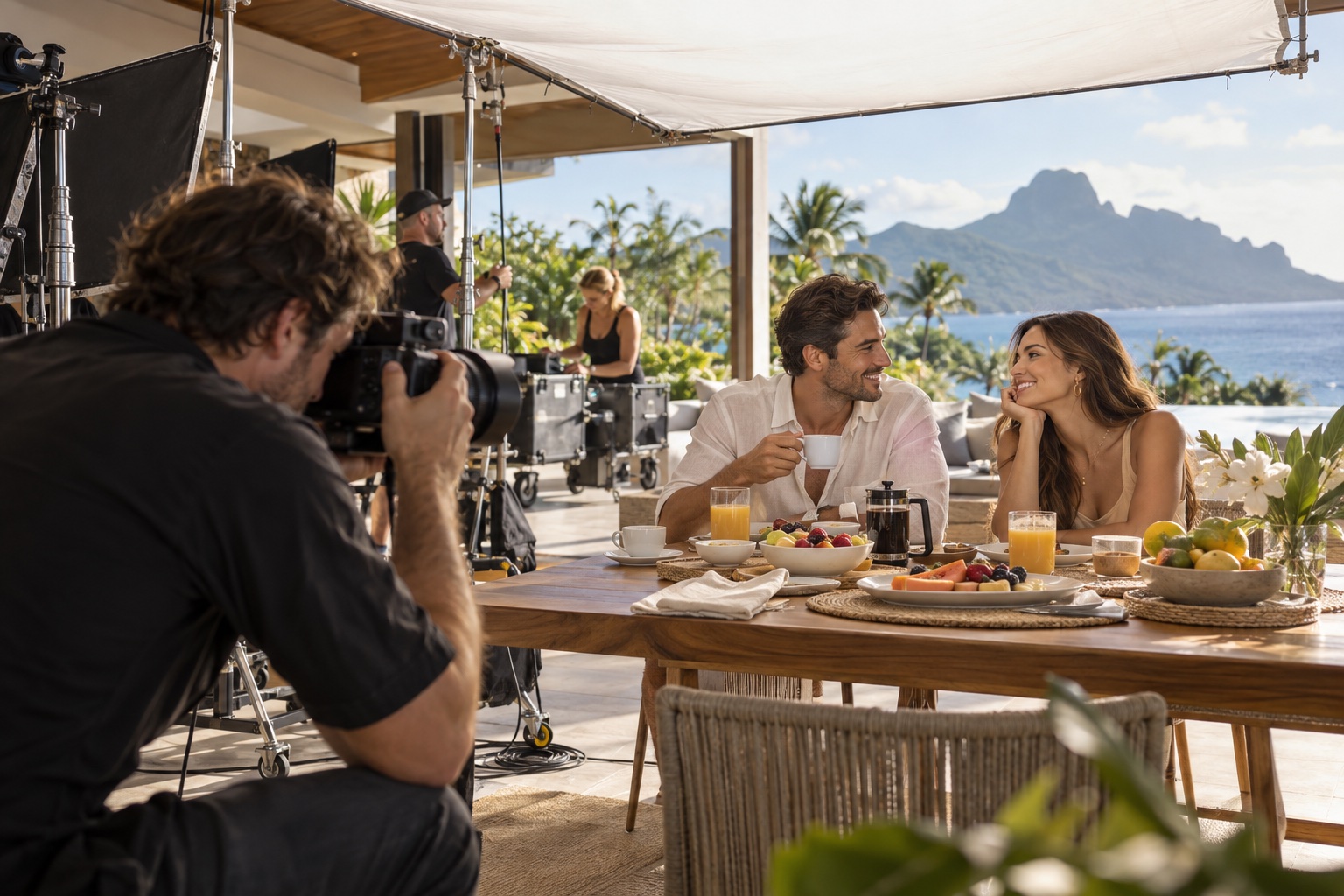 Photographer capturing two models at a breakfast table on a commercial still photography production